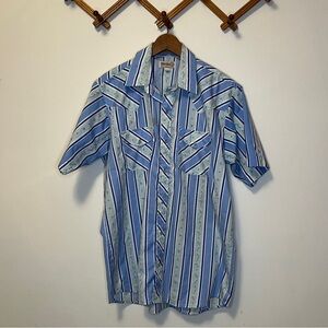 Vintage Sheplers Short-Sleeve Striped Snap Button-Down Western Rodeo Shirt -Blue